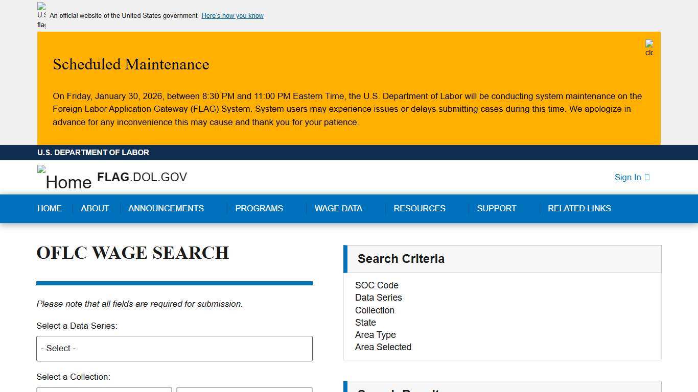 OFLC Wage Search Flag.dol.gov